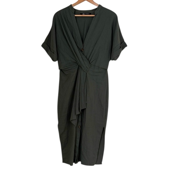 Zara Dresses & Skirts - Zara Green Dress Size Medium Linen Blend Midi Length Short Sleeve